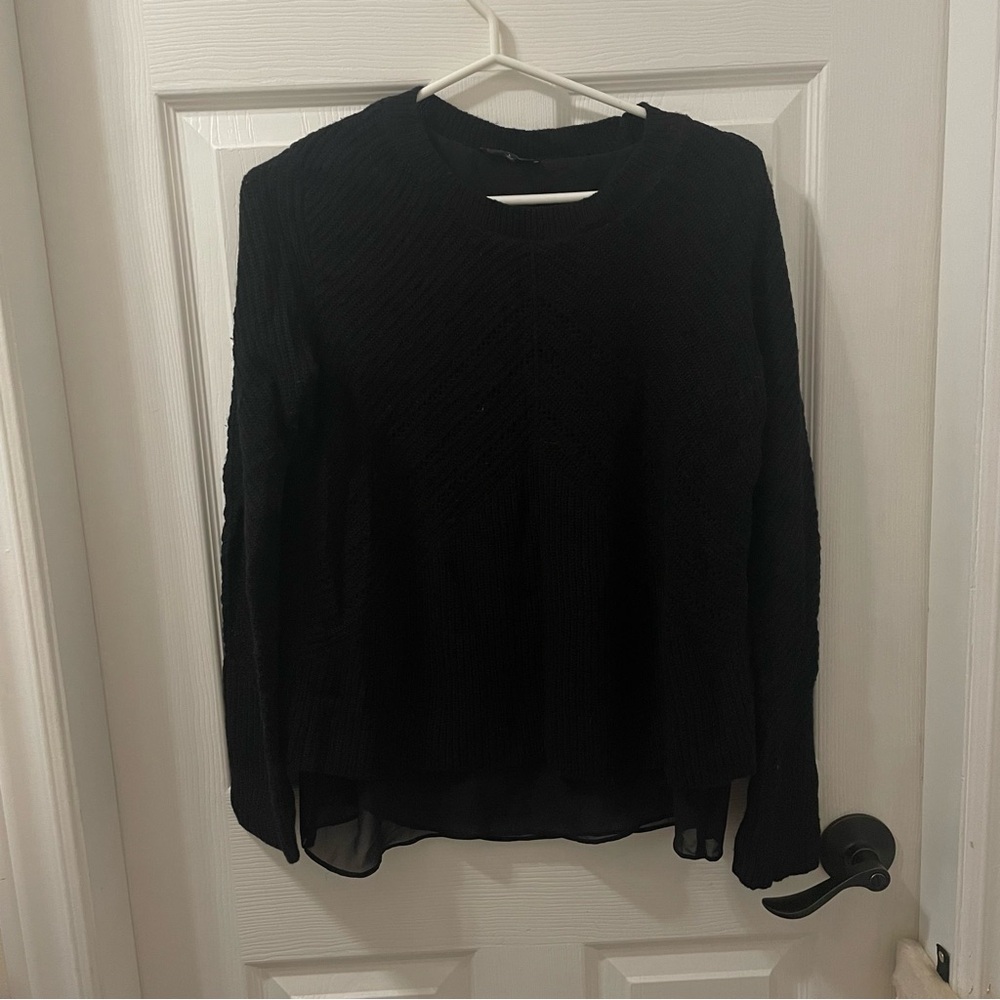 Lucky Brand Black Crewneck Sweater with Sheer Layered Hem